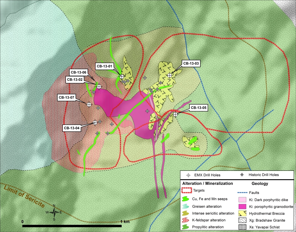 Geological map with mineral occurrences, drill holes and target areas. Note: map area entirely contained within Copper Basin property boundary.