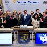 Eurasian Minerals staff ringing the closing bell on the New York Stock Exchange. From L to R: James Stinson-Commercial Director, Christiaan Vandenberg, George Lim-Director, Valerie Barlow-Corporate Secretary, John Casale (obscured)-NYSE, Dr. M. Stephen Enders-Chairman of the Board, Christina Cepeliauskas-CFO, Scott Close-Director of Investor Relations, David Cole-President, CEO & Director, Russell Keithline-Executive Administrator, Arlene Cole, Garrett Clemons-Manager, Project Marketing & Deal Flow, Paul Zink-President, Eurasian Capital, Dr. David Johnson- Chief Geologist, Michael Sheehan-Geologist & Manager of Technical Services