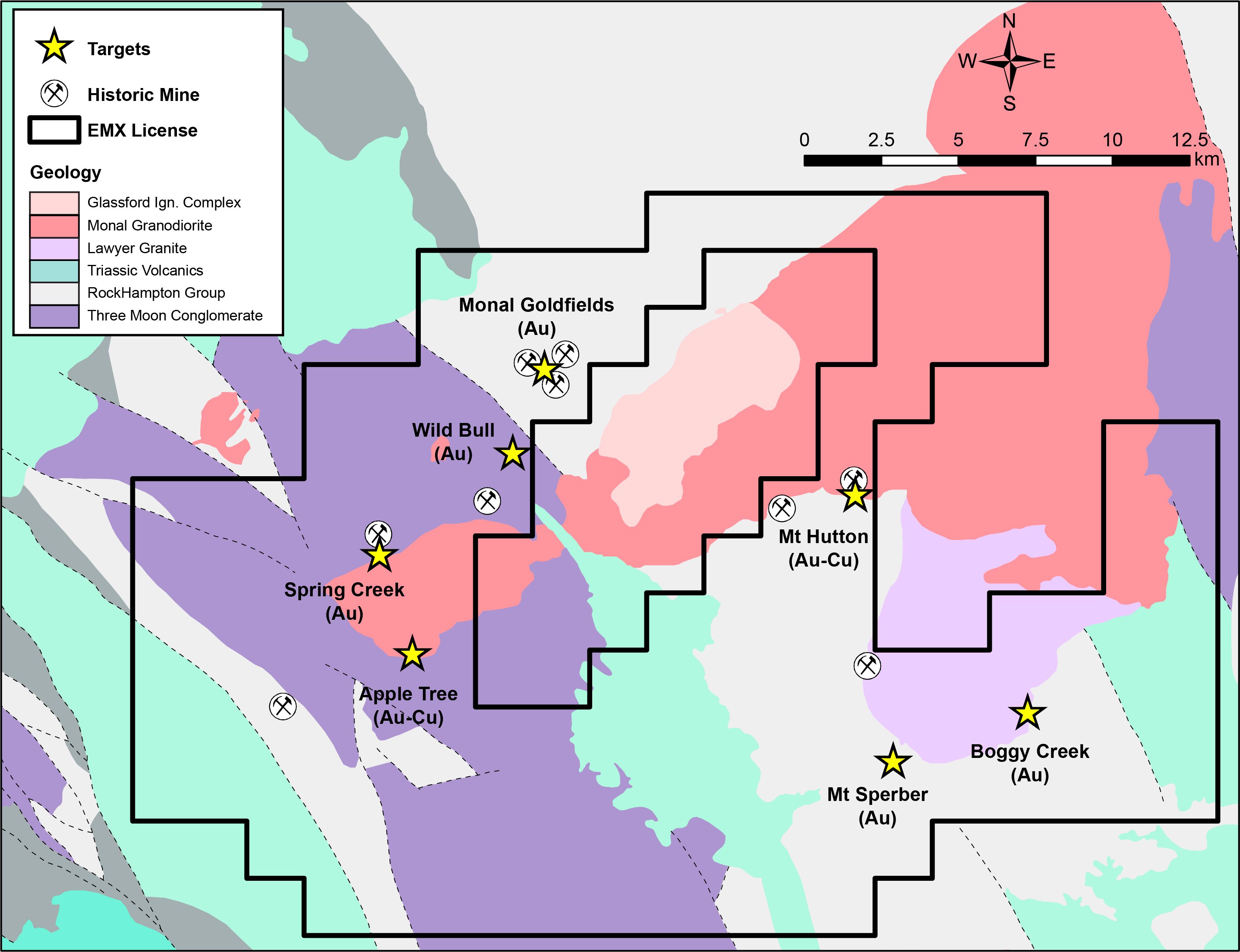 Map of Queensland Gold Project with target areas and historic mine sites.