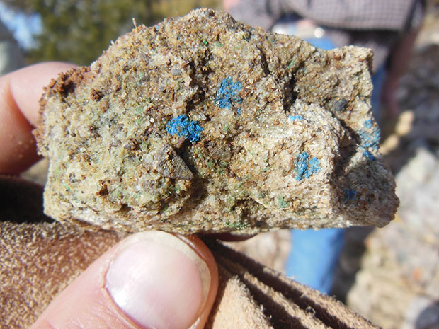 Azurite and malachite replacing chalcocite in sandstone
