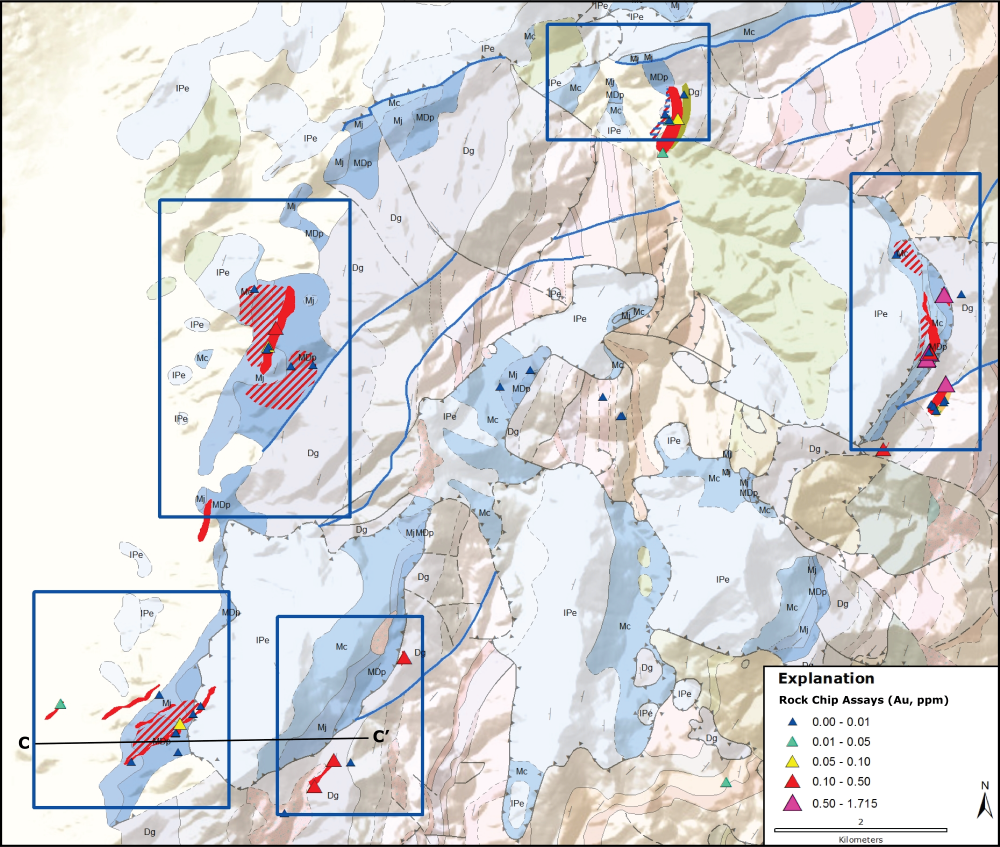 Geologic, alteration and geochemical map of the Golden Sunrise project. Alteration shown as: jasperoid: shaded red; sulfide veining: red cross hatching, dolomitization: tan shading