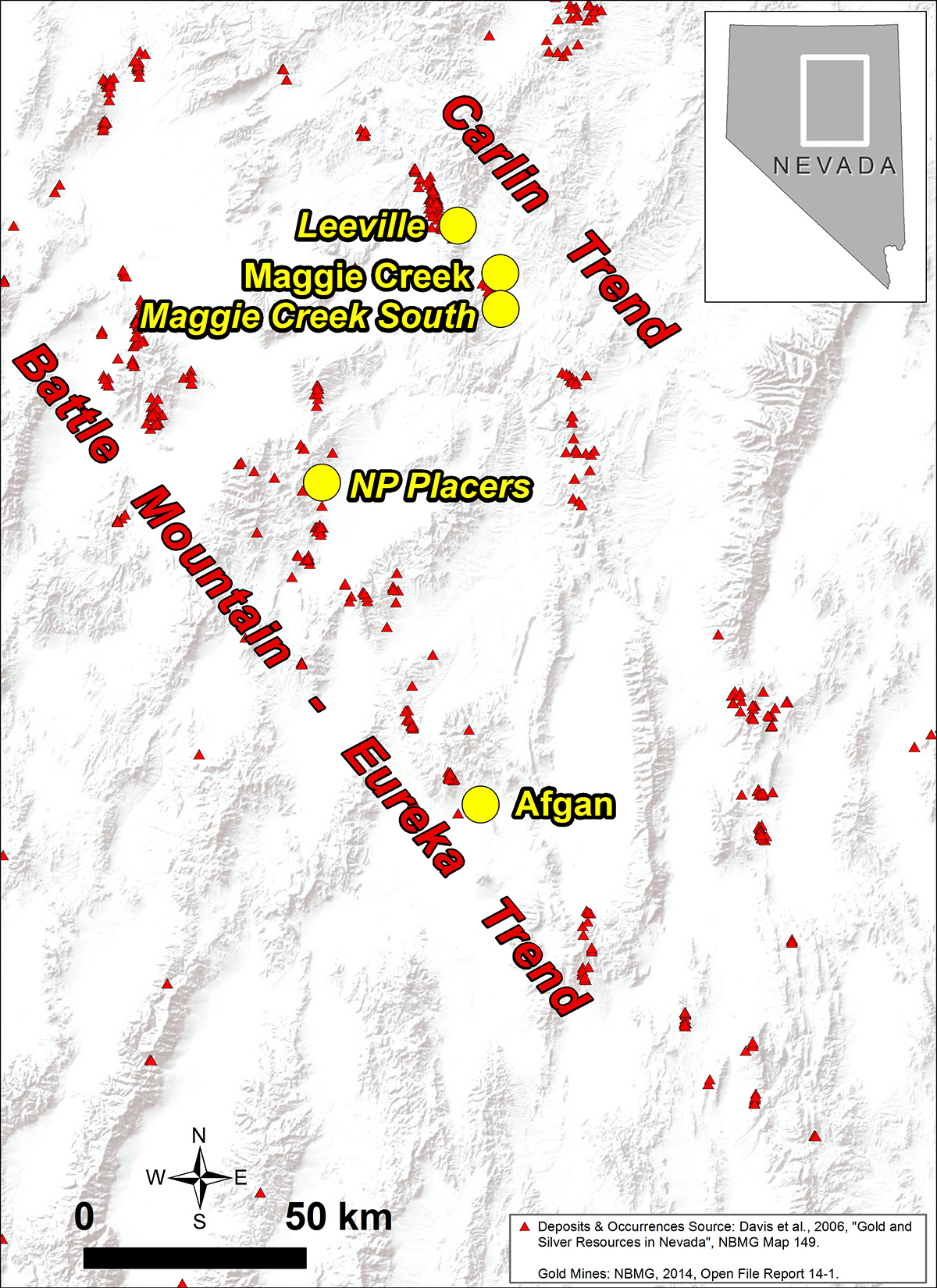 Location of Nevada Royalties (Gold Bar South is marked as Afgan)