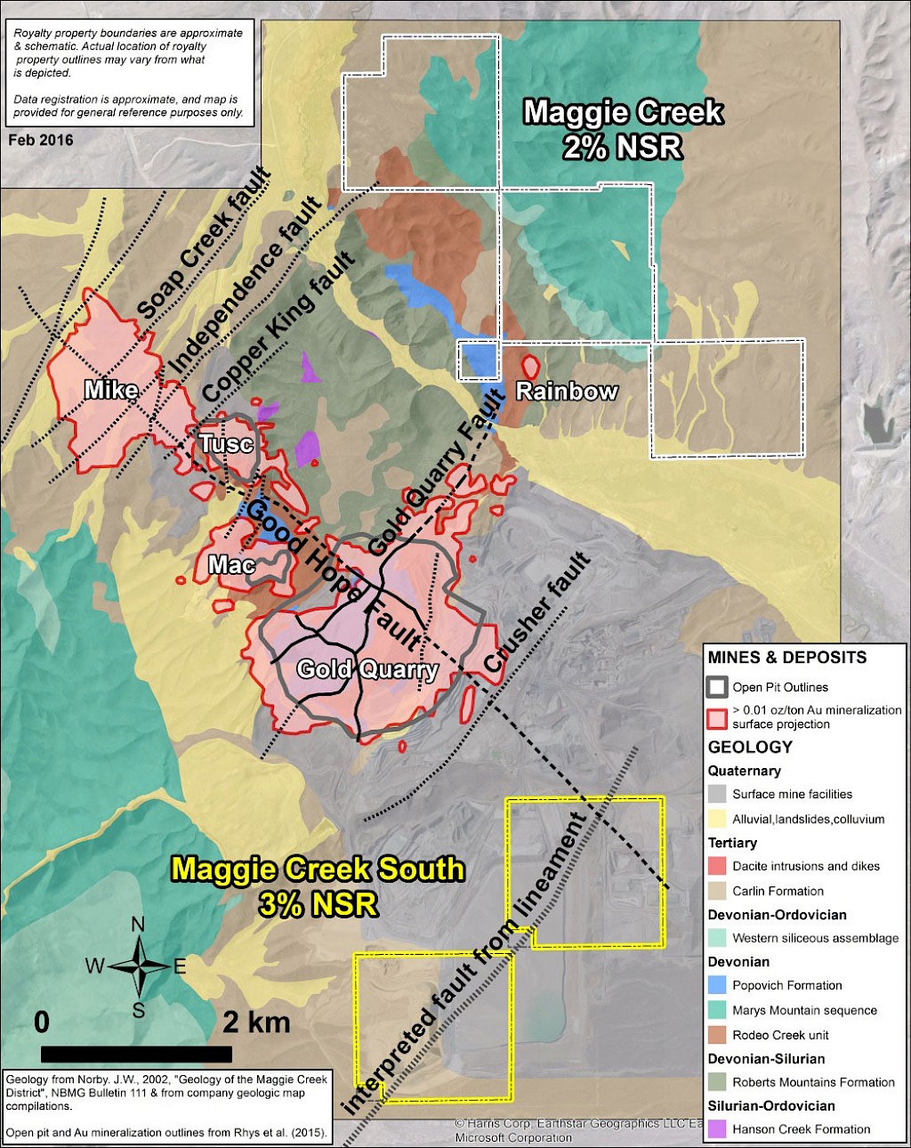 Maggie Creek royalty properties geological map with mineral occurrences, major mines and mineralized trends.