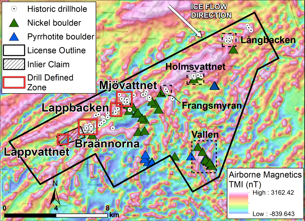 Principal occurrences, nickel-sulfide bearing boulder clusters and historical drill holes on Mjövattnet project, Sweden.. Data shown on map from the Geological Survey of Sweden archives in Malå, Sweden; Summary of results from nickel prospecting; a consulting report published in 1987 as PRAP 87007 by the Prospecting Division of NSG, the Swedish Geological Company.