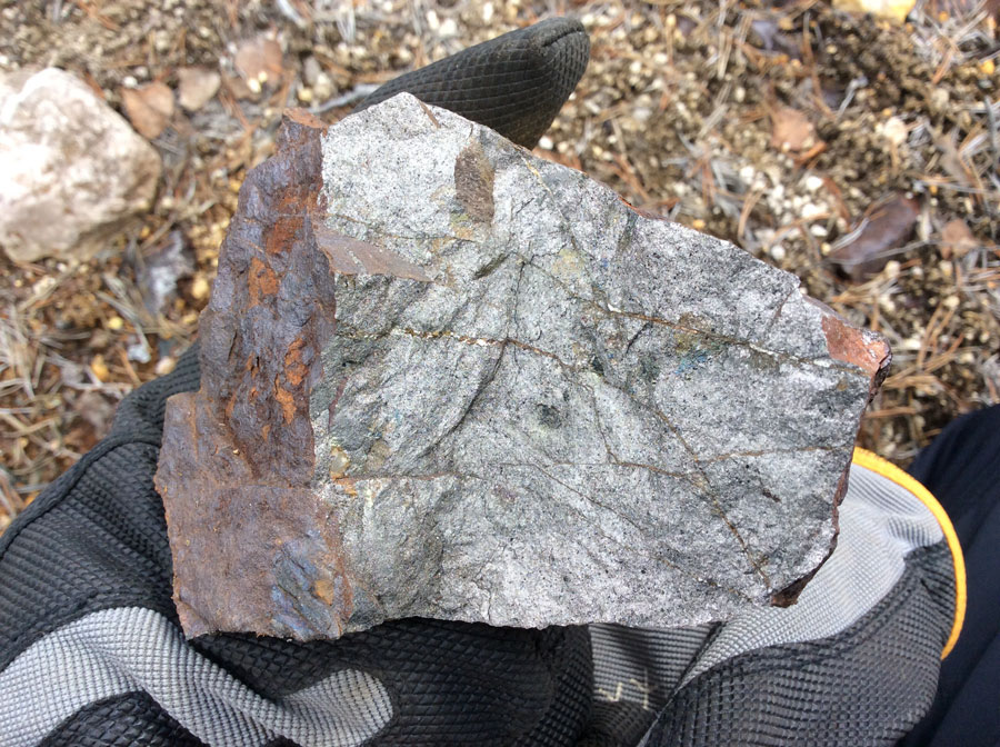 Typical sample of massive sulfide from ore sorting area; pyrrhotite with pentlandite, chalcopyrite