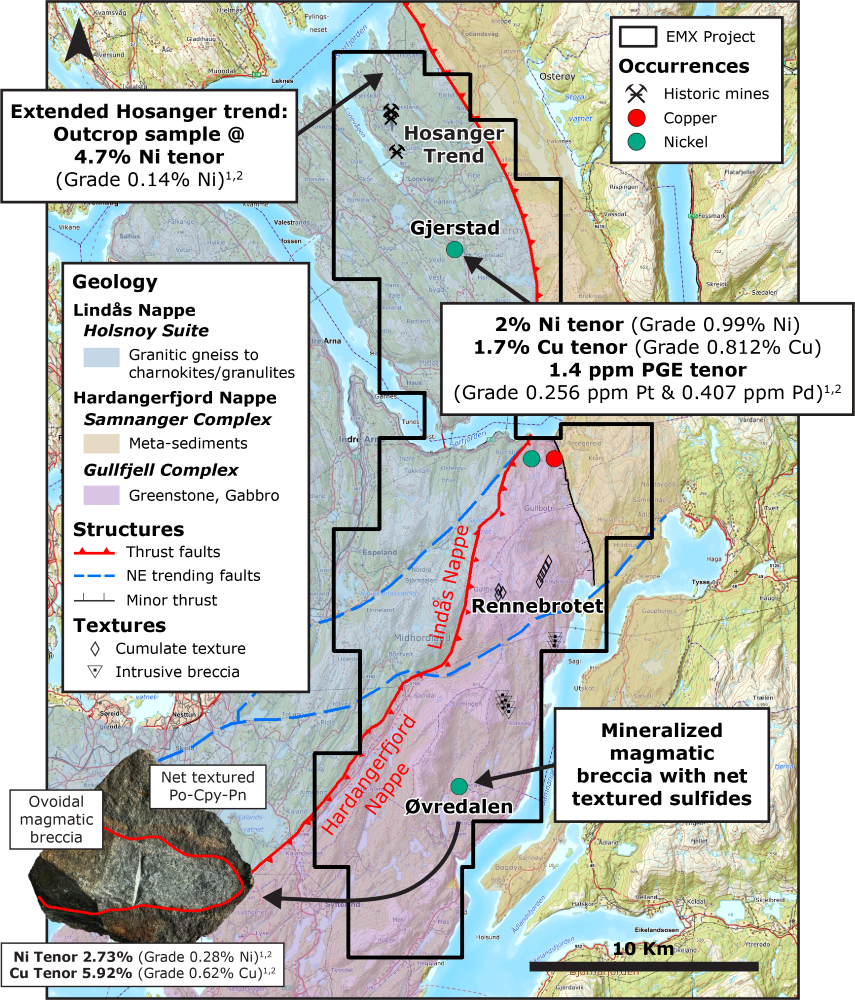 Map displaying the Hosanger license area, general geology, structure, Cu and Ni occurrences, and sample information.