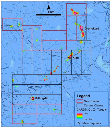 Map of EMX claims and Cu-Zn deposits.