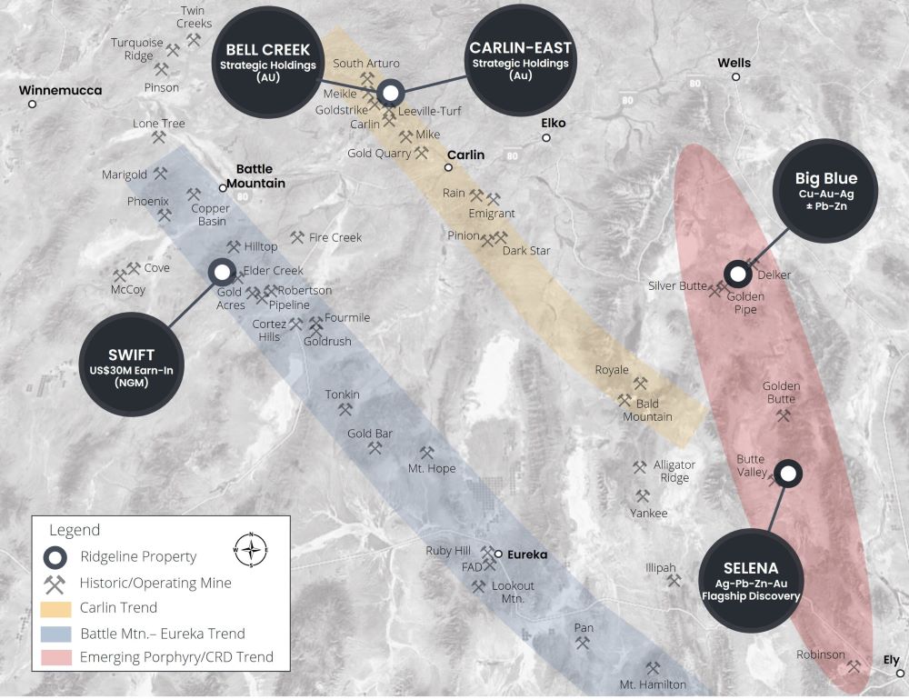 Mineralized trends and mines around the Selena project location (from Ridgeline Minerals website https://www.ridgelineminerals.com/selena/  February 2024)