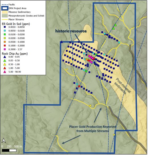 Erikson Ridge project geology and gold occurrences.