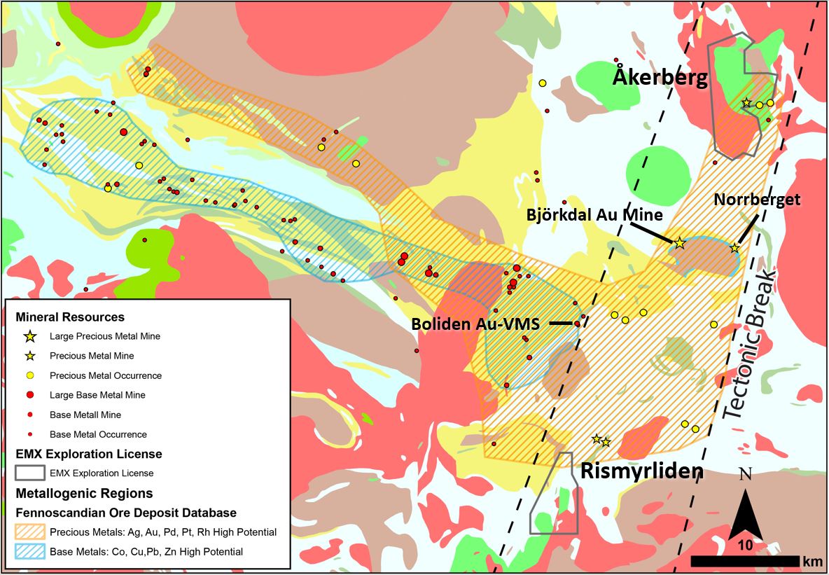 Geological map with mineral occurrences, major mines and mineralized trends.