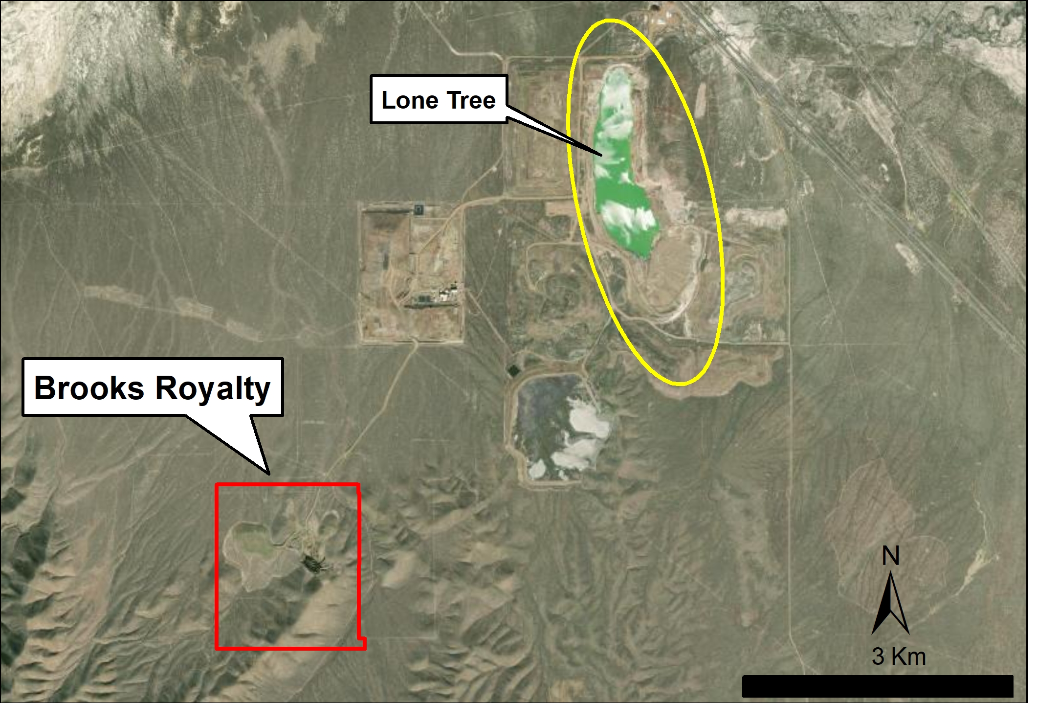 Location of the Brooks project (red outline) with respect to the Lone Tree Operation (Yellow outline) (Source: i-80 Technical Report NI 43-101, January 2022).