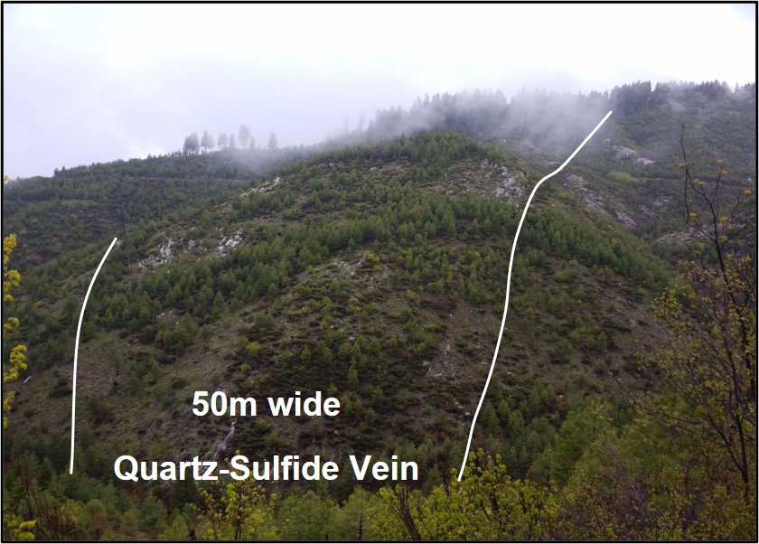 50m wide quartz-sulfide vein, illustrating scale of hydrothermal systems; wider and analogous to Miller Mine(3).