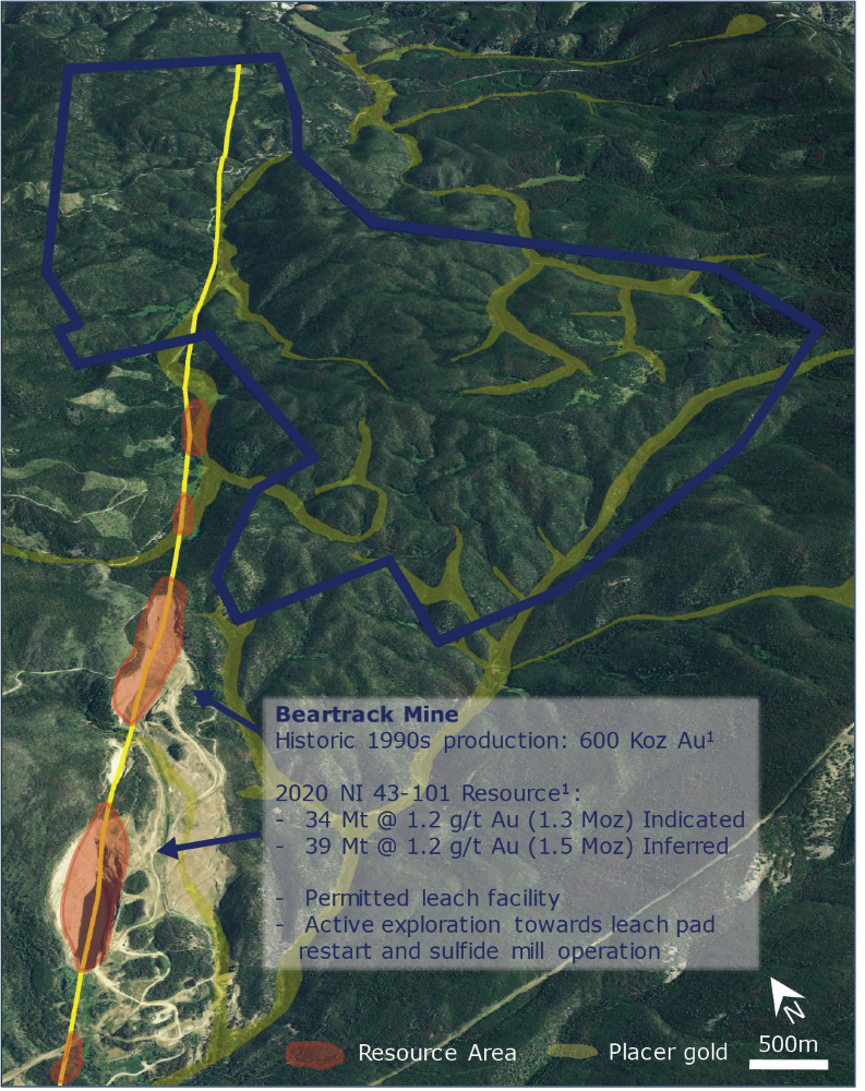 Map of Moose Ridge, resource areas and placer gold veins are highlighted.