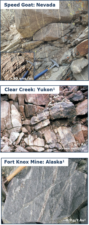 Top to Bottom: Speed Goat: Nevada, >30 vns/m ; Clear Creek: Yukon, ~1 g/t Au across outcrop ; Fort Knox Mine: Alaska, ~0.9 g/t Au
