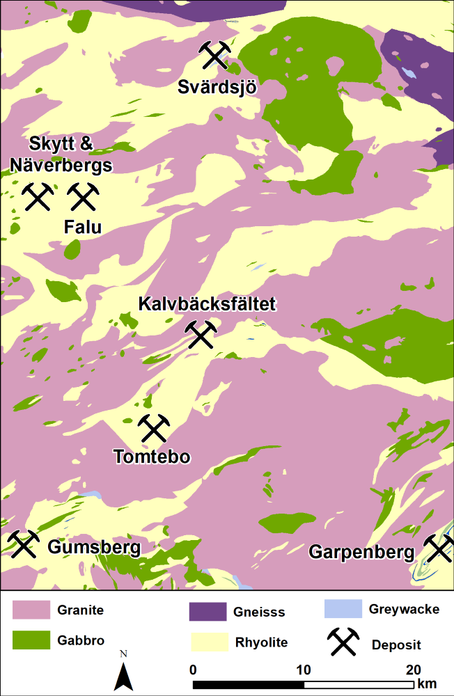 Geological map of area surrounding Svärdsjö and other nearby mines and deposits.