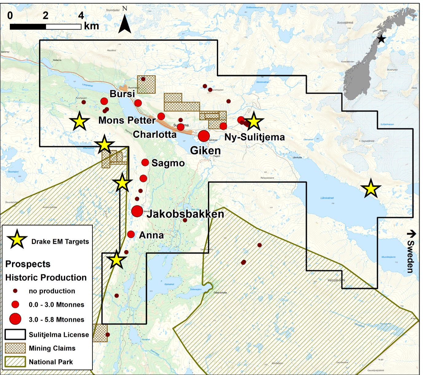 Map showing historic production areas. Historical production values from above graphic are cited from ngu ore database.