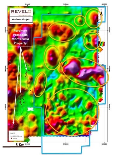 Arrieros Project location photo, map, and geophysical target map (Source: Revelo Resources internal document, May 2020)