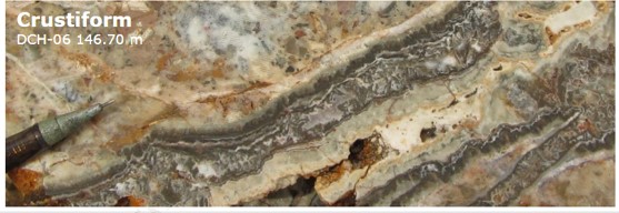 Epithermal crustiform banding seen in Lolón Structure (Source: Technical Report Challacollo Silver-Gold Mineral Resource Estimate, 2020).