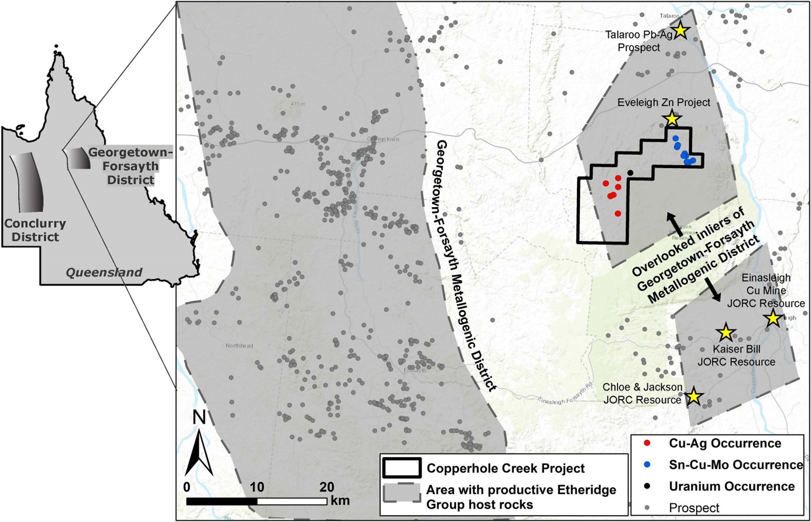 Regional map of Copperhole creek showing occurrences and nearby mines