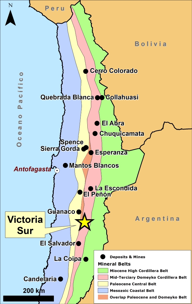 Chilean mineral belts and Victoria Sur location