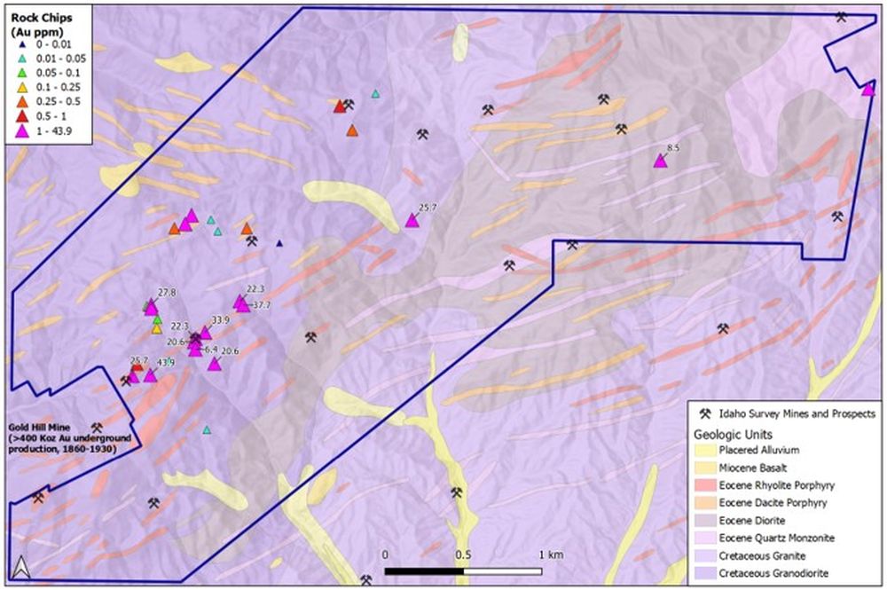 Geology and gold values from rock chip sampling at the Century project