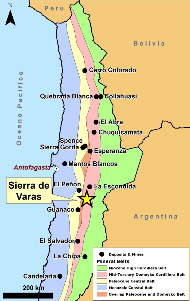 Chilean mineral belts and Sierra de Varas location