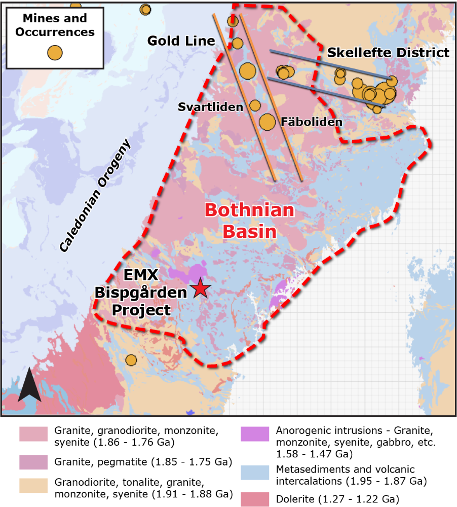 Geology of the Bothnian Basin, including locations of the Bispgården project, the Gold Line, the Skellefte District, and other occurrences.