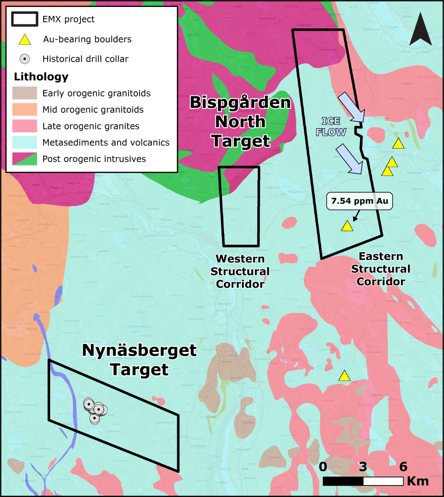 Local geology of the Bispgården project, including drilling and Au-bearing boulders.