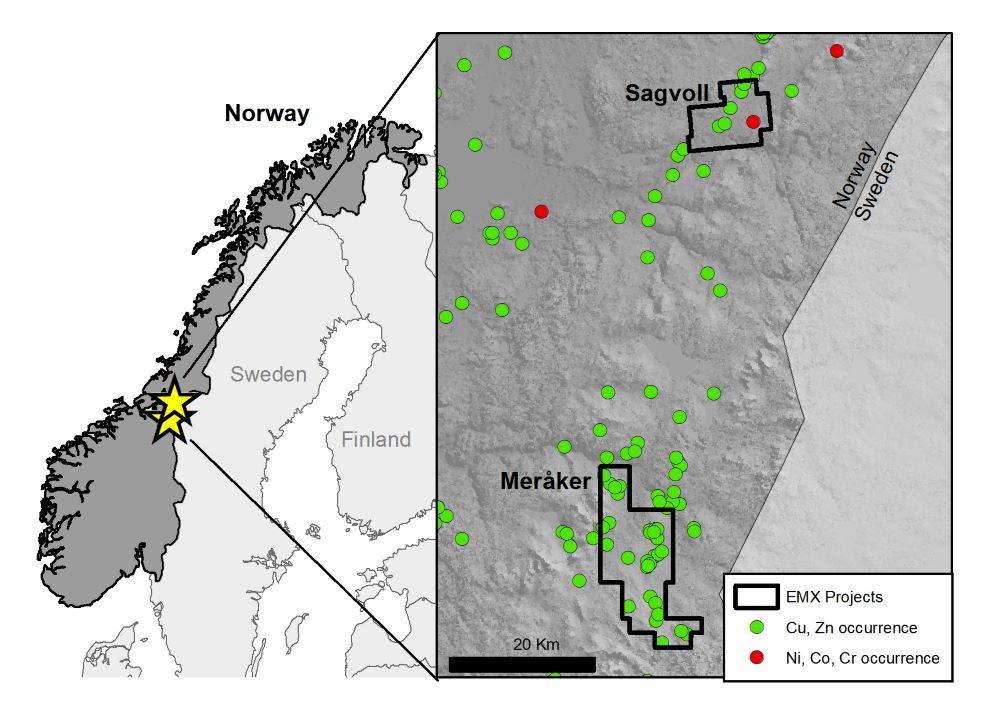 Location map of the Sagvoll and Meråker projects with mineral occurrences.