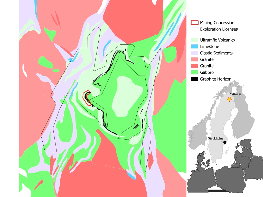 License positions of the Vittangi graphite project on a geology base