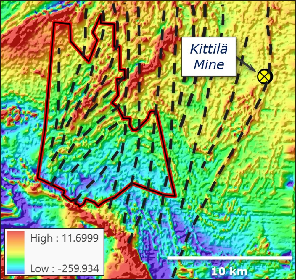 Alternatively-processed aeromagnetic map from GTK highlighting converging structures on the Leilipalo license.